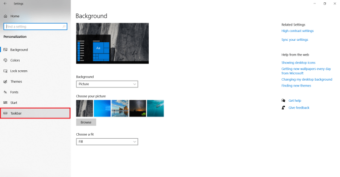 Página de configuración de Windows Personalize