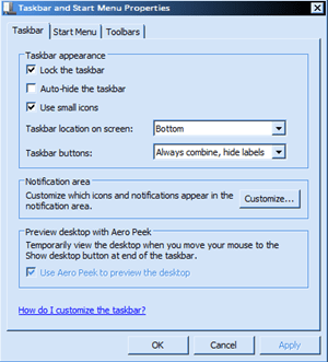 Inställningar i aktivitetsfältet i Windows 7