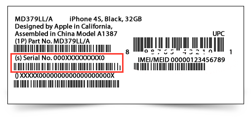 etiqueta engomada de la caja del número de serie del iphone