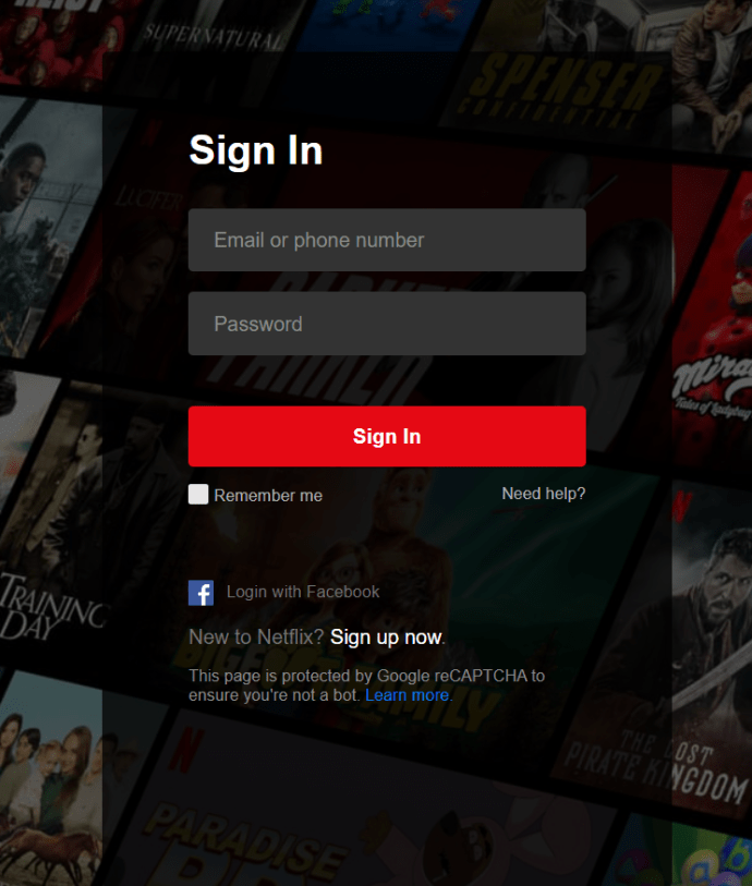 Pàgina d'inici de sessió de Netflix
