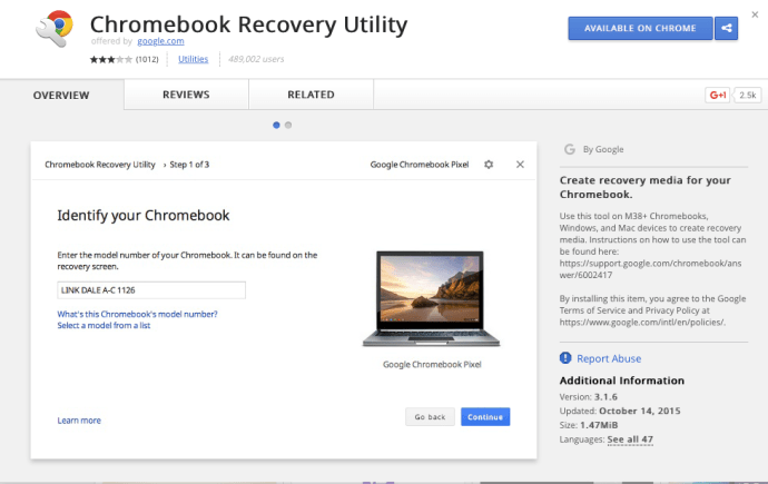 Chromebook datora atkopšanas utilīta